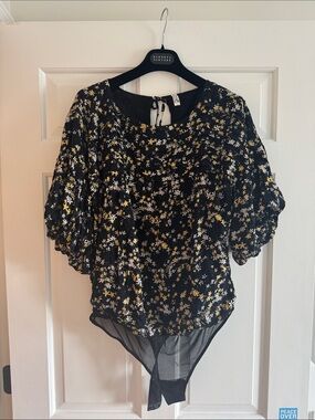 FREE PEOPLE Black Floral Puff-Sleeve Bodysuit